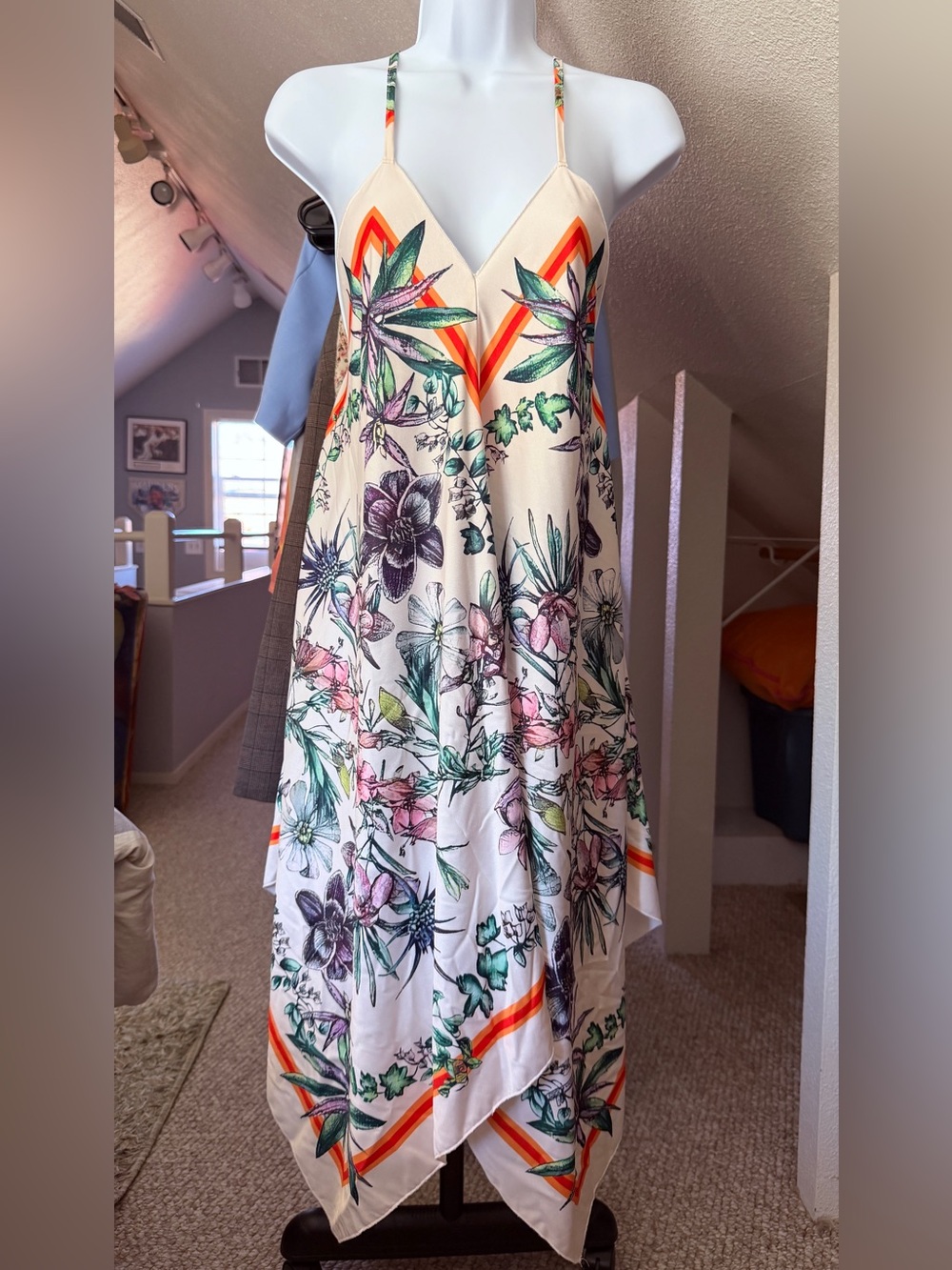 Cream Floral Asymmetrical Slip Dress with Spaghetti Straps